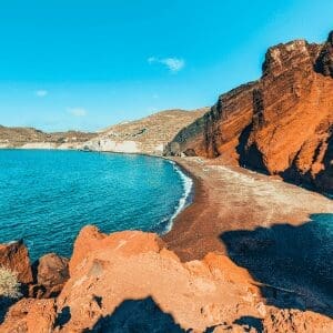 Red Beach with red volcanic cliffs and turquoise water, Santorini